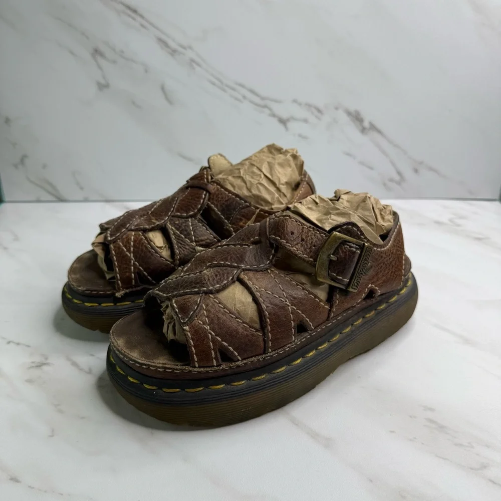 Vtg 1990's Dr. Martens D10715 Brown Leather Braided Chunky Platform Sandals - Picture 1 of 12